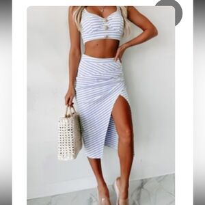 Blithe  LA Blue and White Striped Asymmetrical Midi Skirt and matching top